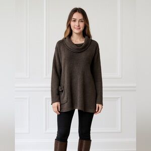 Yushi cowl neck large tunic style sweater unique tied pocket chocolate brown